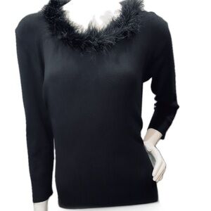 🎄🥂 MAX STUDIO Black Stretch Feather-Collar Holiday Sweater Top | Sz L